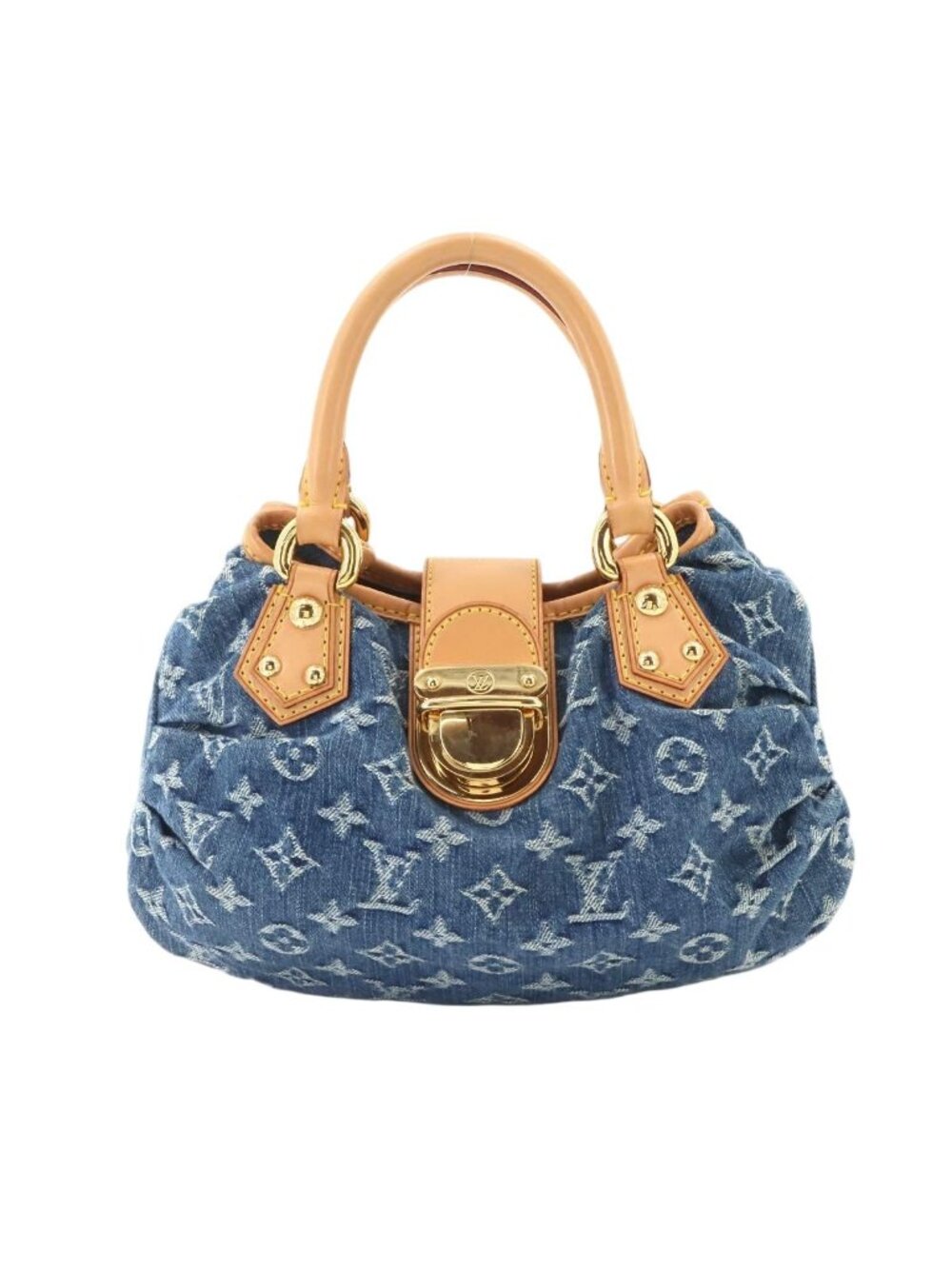 Louis Vuitton Monogram Denim Pleaty Hand Bag Canvas Blue Gold